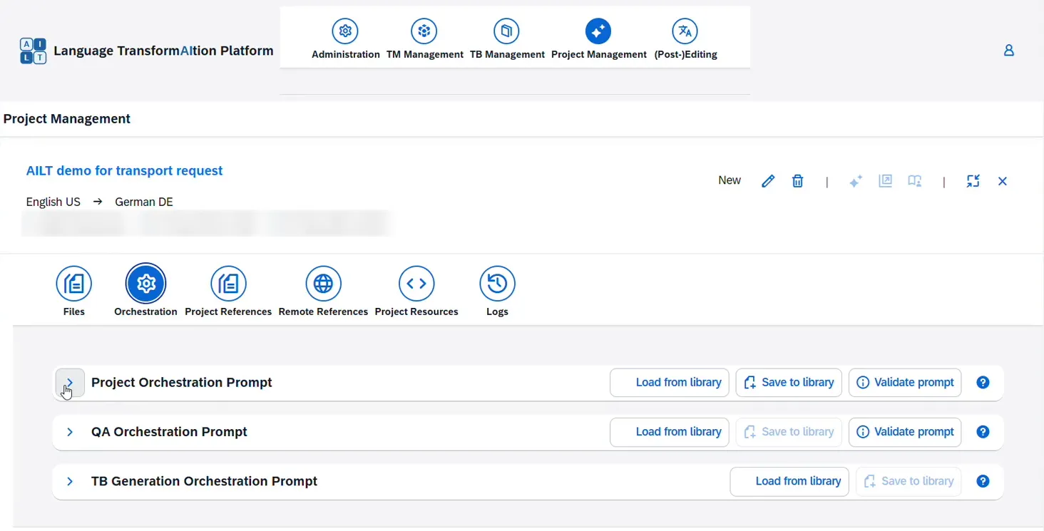 The orchestration settings of a project in AILT: one prompt for pre-translation, one for quality checks and one for generating a term base, each loaded from or saved to a prompt library
