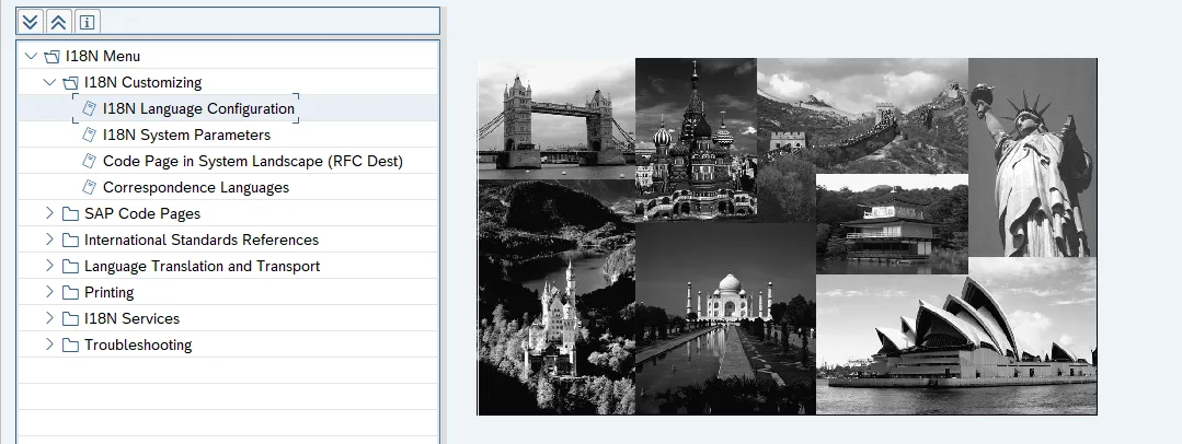 The Internationalization (I18N) transaction in an SAP system: the I18N Customizing menu beside a collage of landmarks from around the world